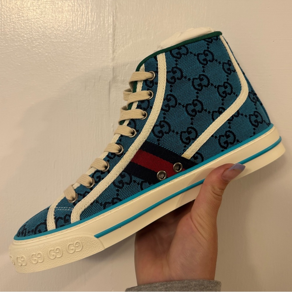 Gucci Teal/Blue Canvas Patterned High-Top Sneakers - Picture 2 of 16